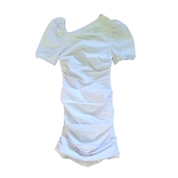 NWT- Maeve Anthropologie Slim Puff Sleeve Ruched White Dress - Picture 3 of 6